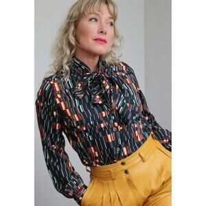 1970's Vintage Judy Bond Ascot Bow Graphic Secretary Blouse ~ Women's XS SM